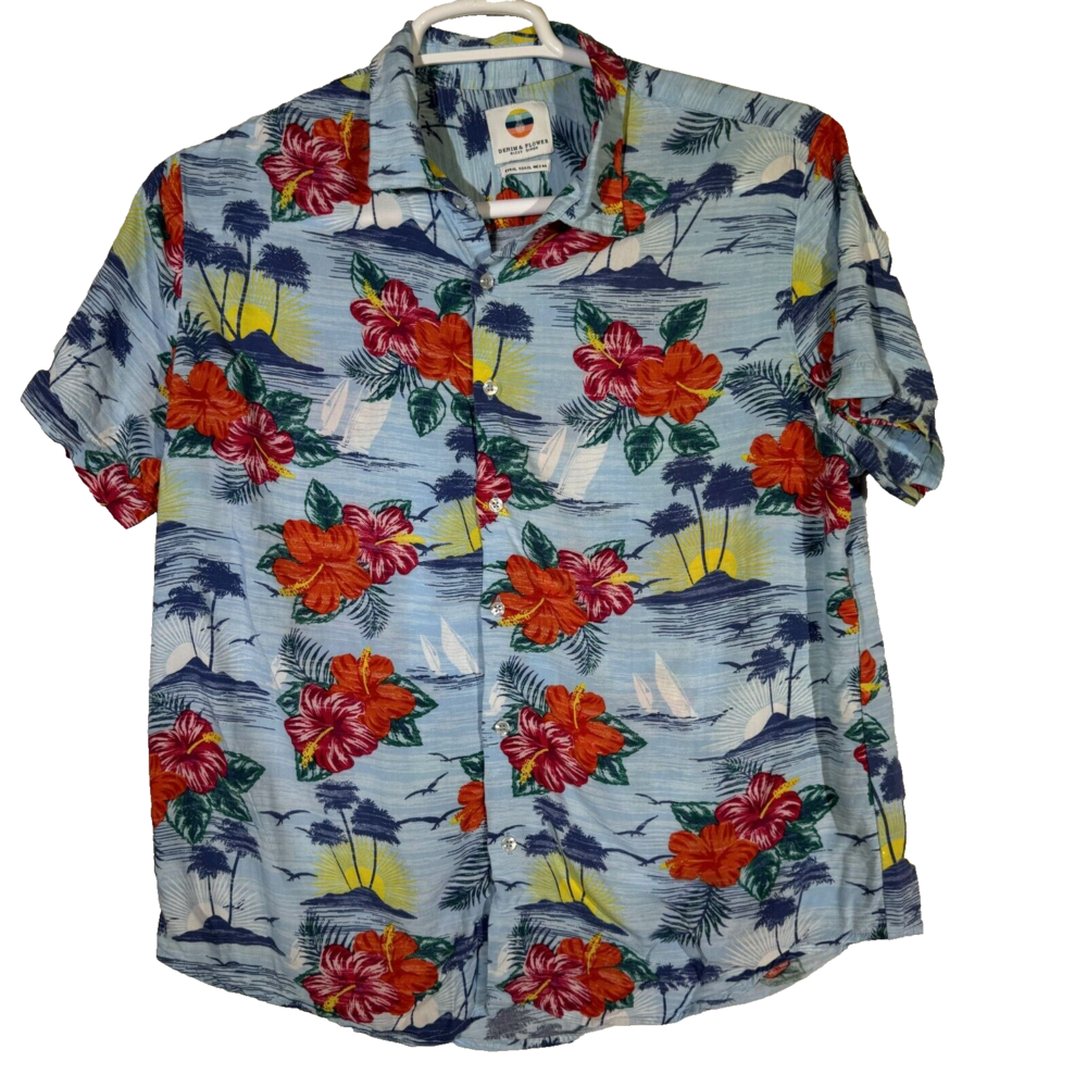 Denim & Flower Shirt Men's XL Hawaiian Multi Floral Short Sleeve Cotton Casual